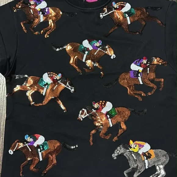 Queen of sparkles NWT XS Black Horse Racing jockey derby Sequin Shirt - Picture 4 of 5